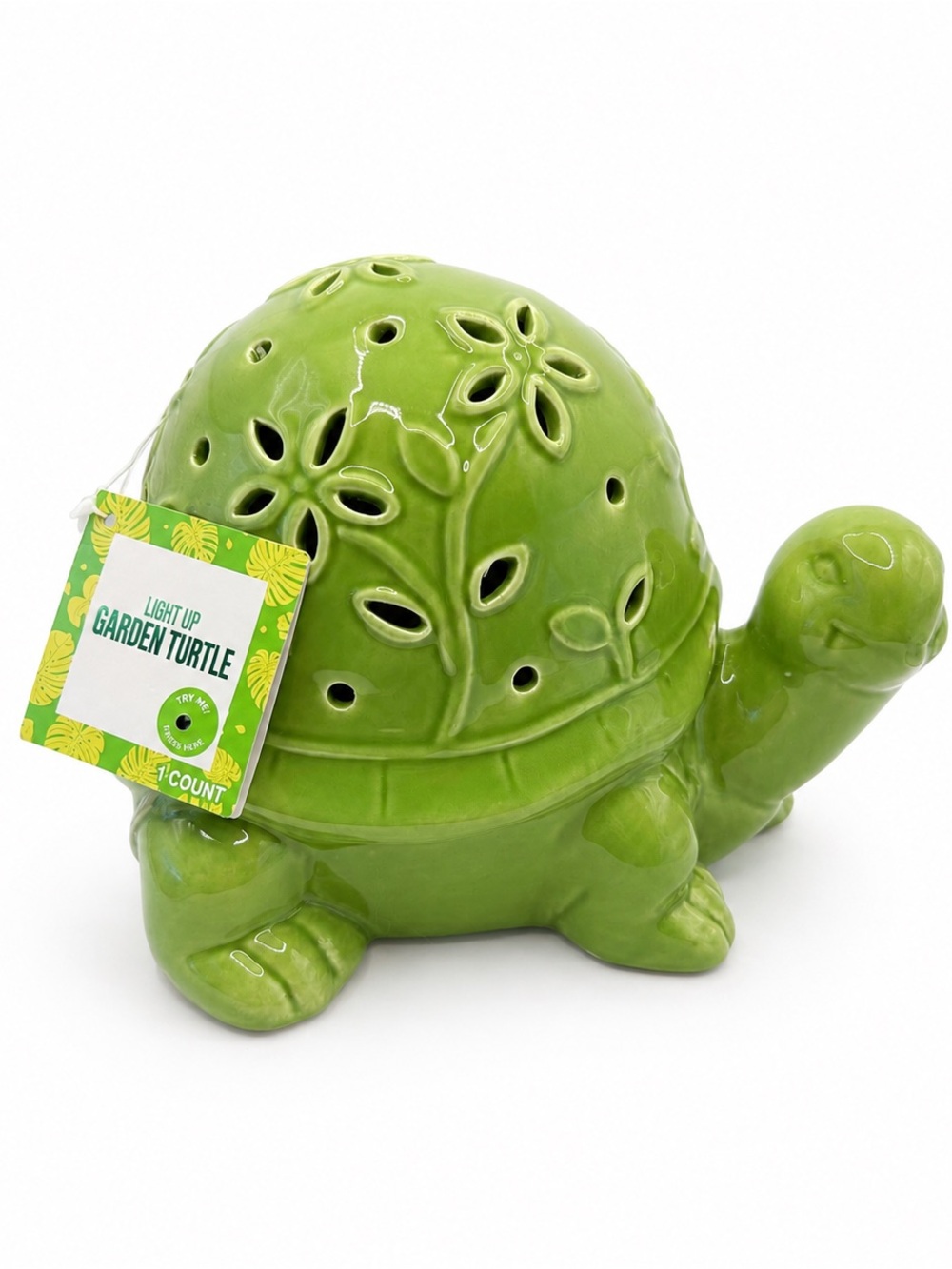 Ceramic Light-Up Garden Turtle Lantern – Green Floral Cutout Decor 9”